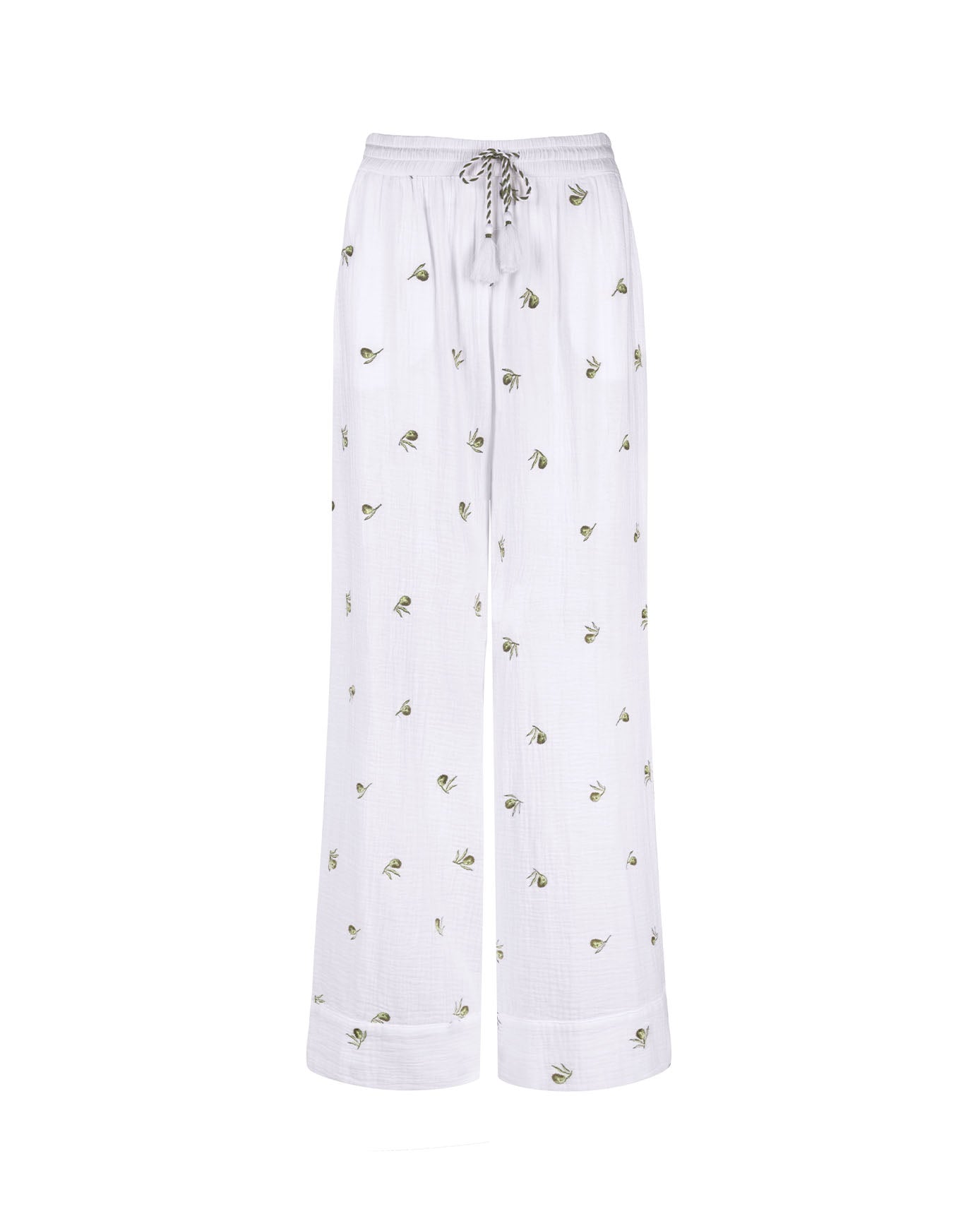 Organic Cotton Cheesecloth Embroidered Olive Print Wide Leg Trousers - White