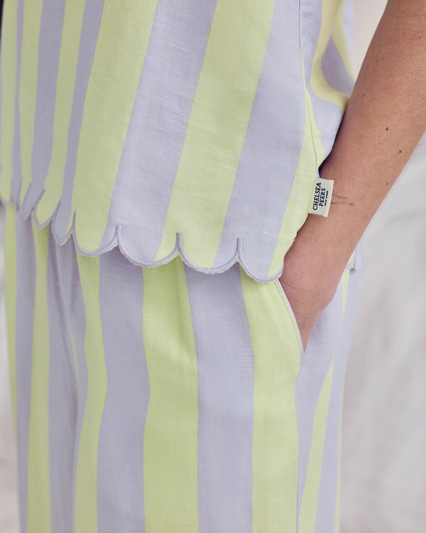 Linen Blend Scallop Edge Stripe Long Pyjama Set - Lilac