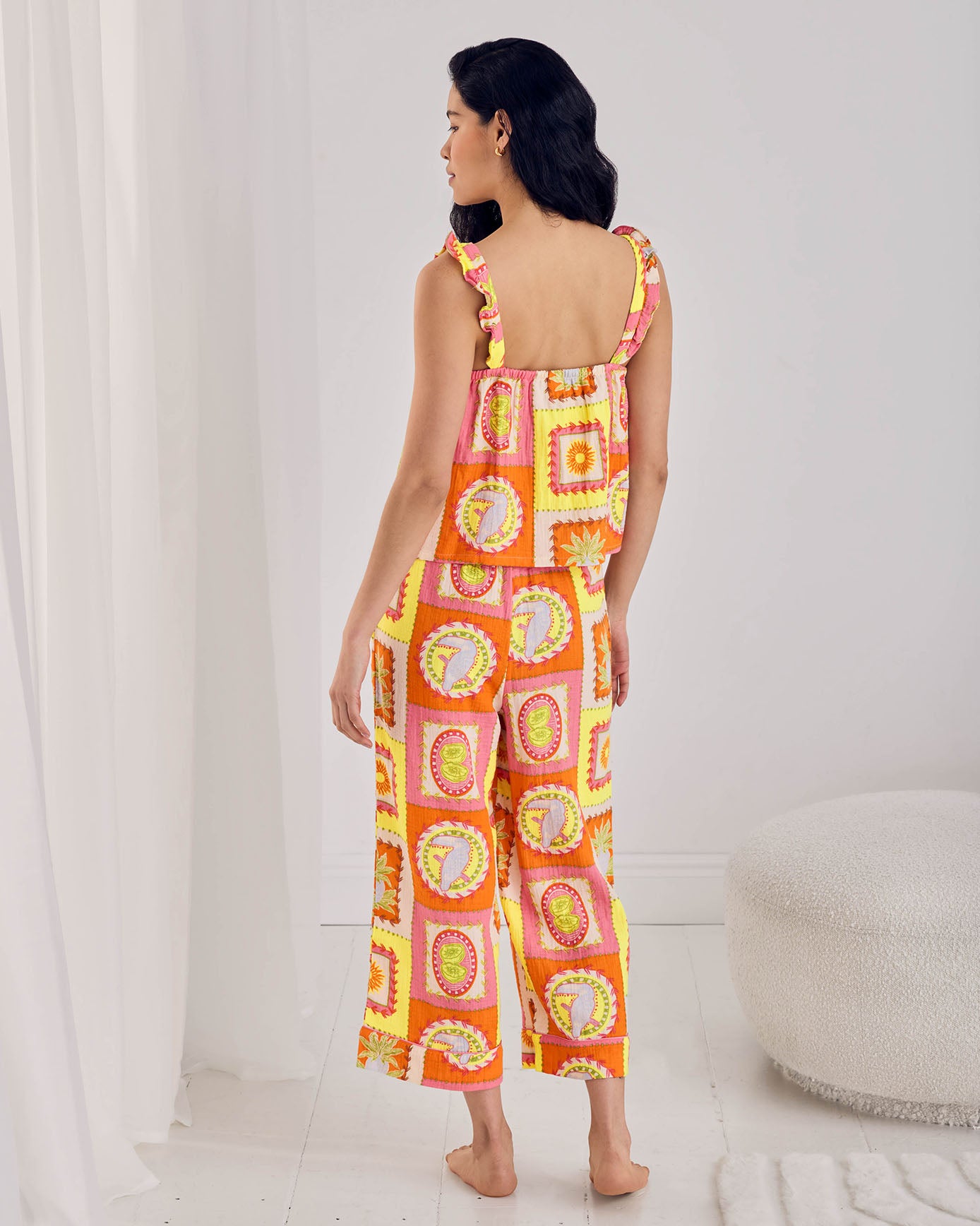 Linen Blend Tropical Patchwork Print Frill Cami Long Pyjama Set