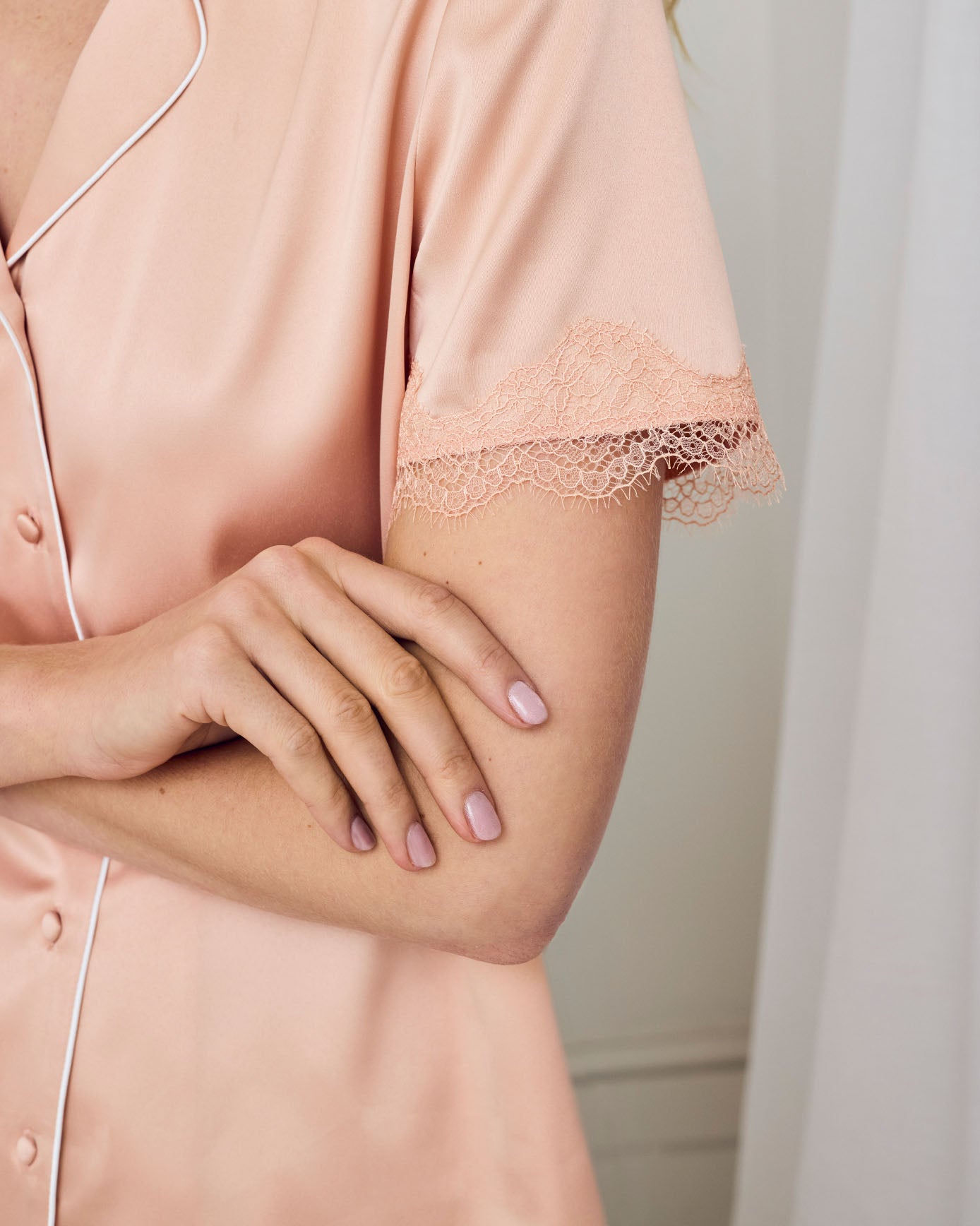 Satin Tulip Hem Lace Trim Button Up Short Pyjama Set - Soft Rose