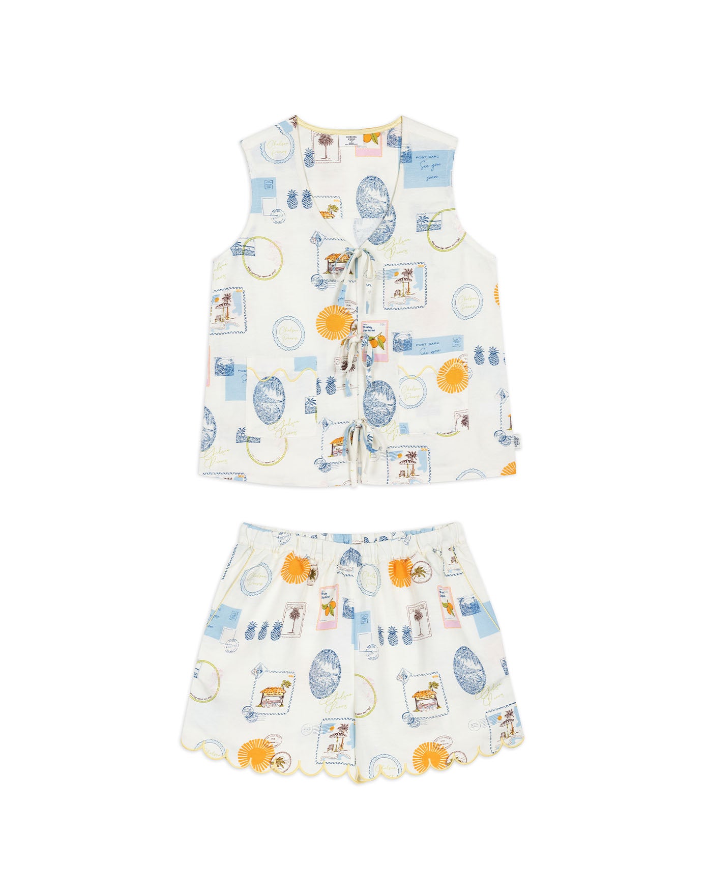 Linen Blend Scallop Edge Tie-Front Scenic Stamps Print Short Pyjama Set