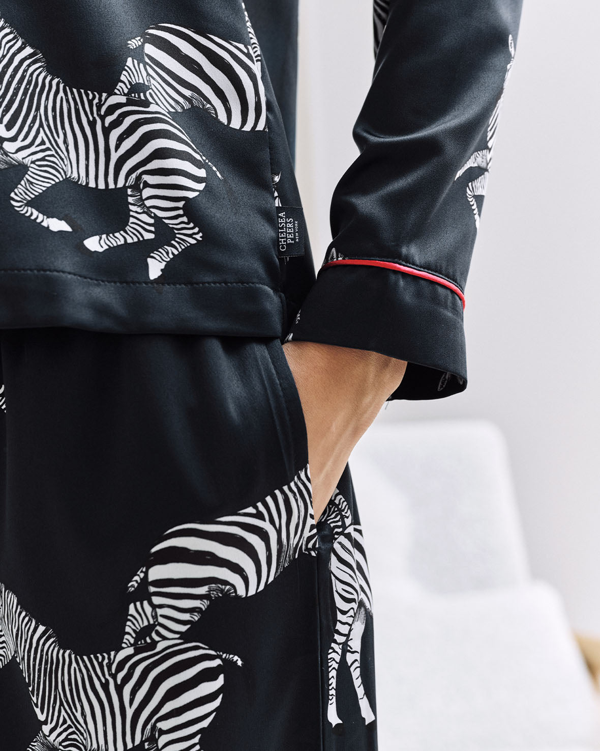 Satin Zebra Print Long Pyjama Set - Navy