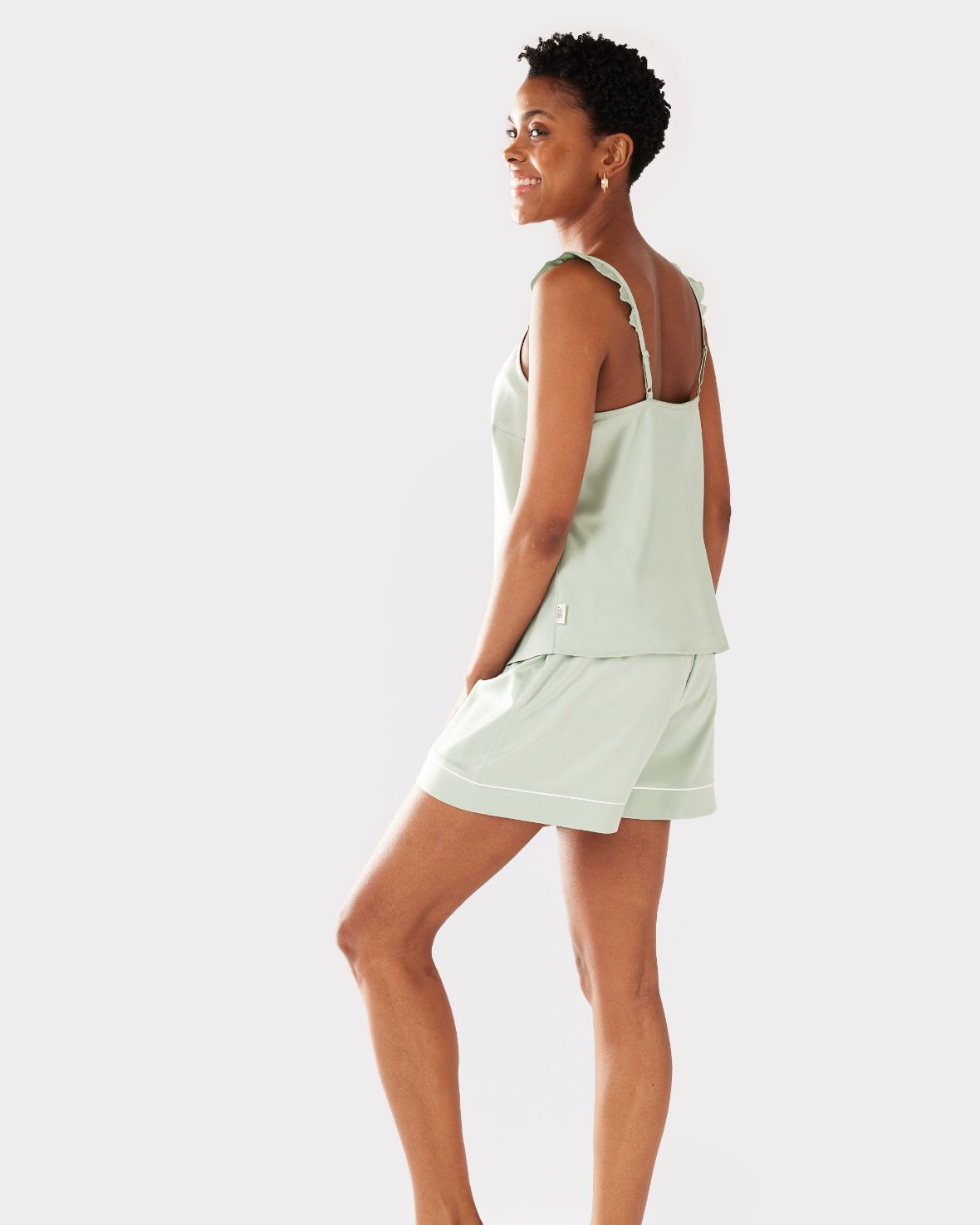 Satin Frill Trim Cami Short Pyjama Set - Sage