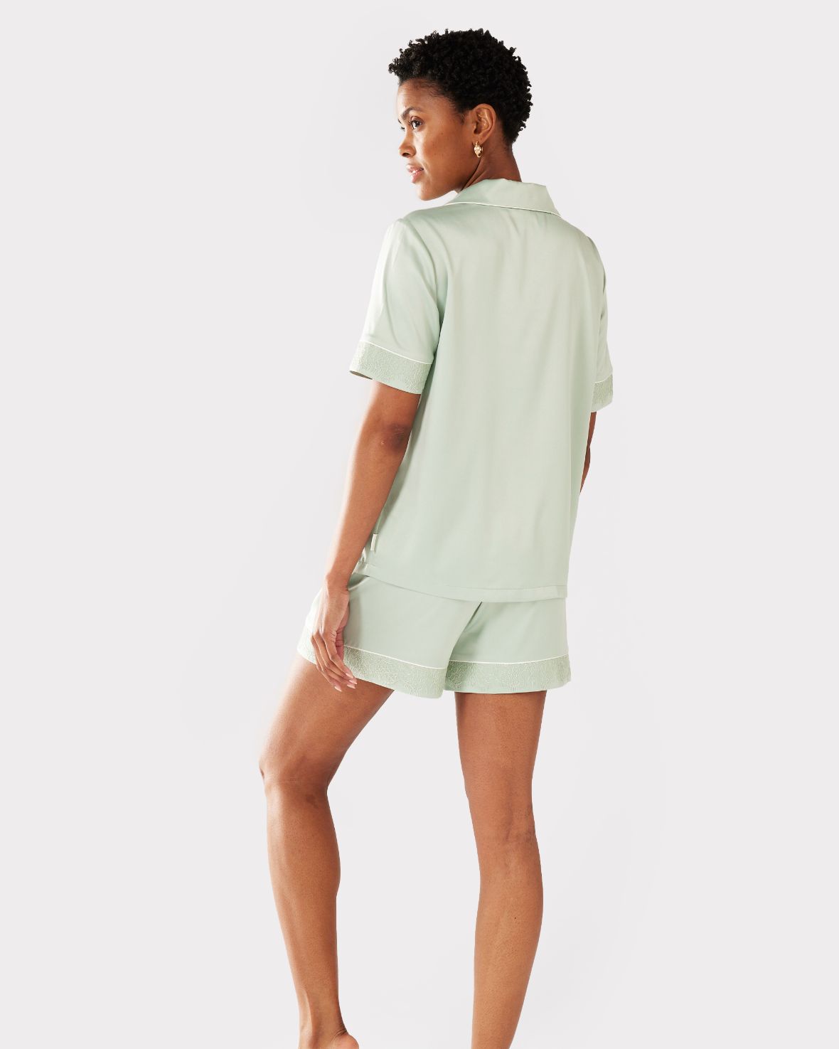 Sage Satin Lace Trim Button Up Short Pyjama Set