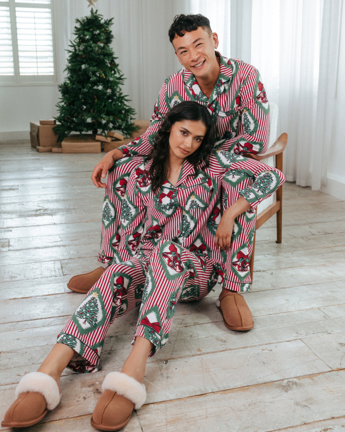 Organic Cotton Christmas Vintage Tree & Wreath Print Long Pyjama Set