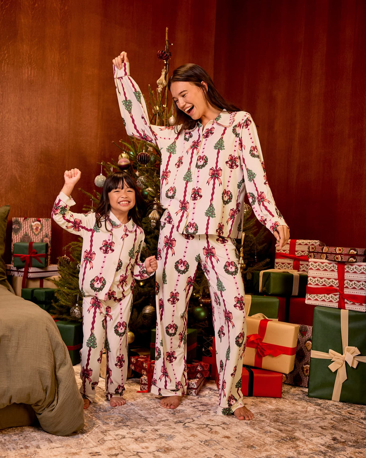 Christmas Ribbon Stripe Print Matching Mini-Me Pyjamas