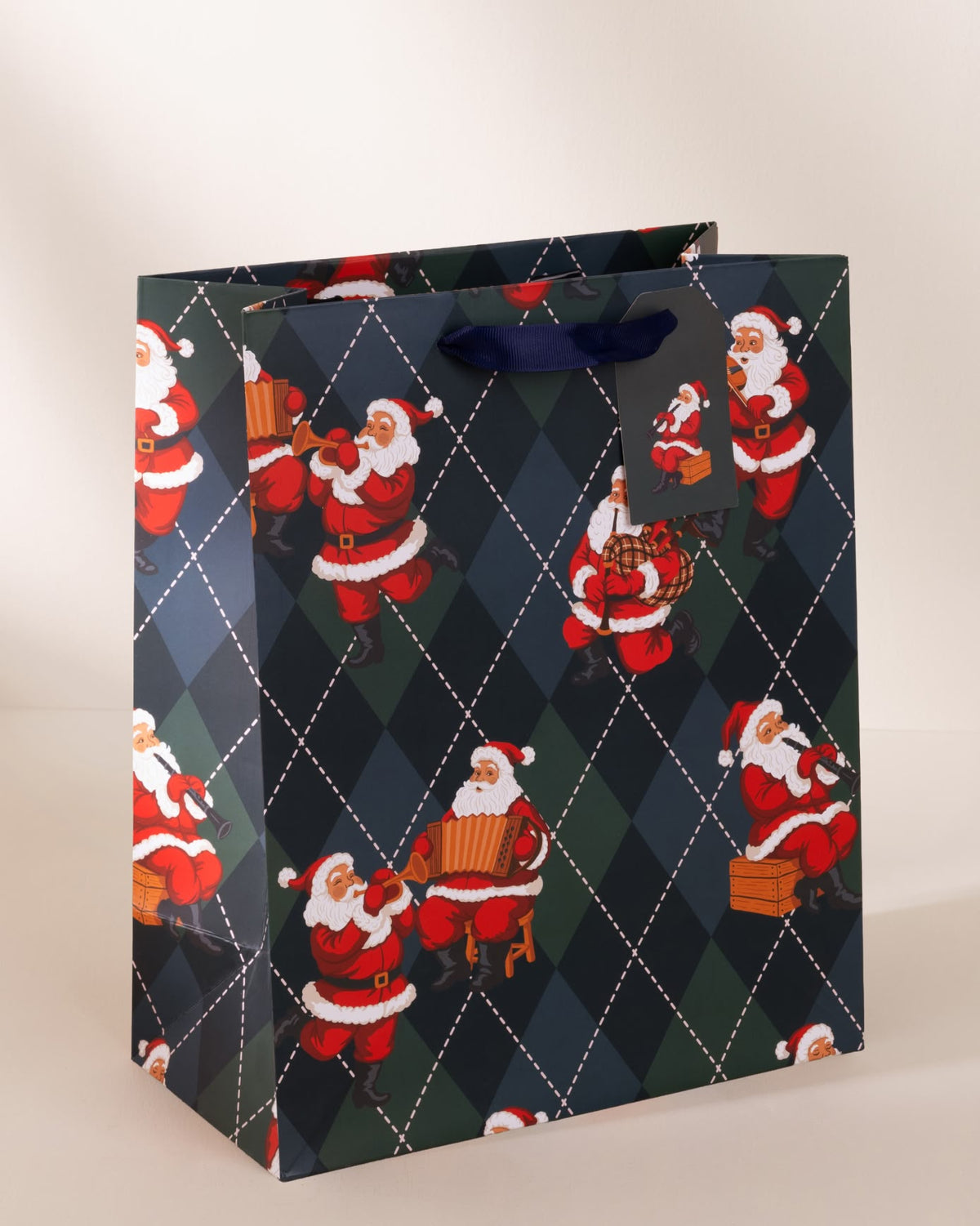 Argyle Musical Santa Print Gift Bag