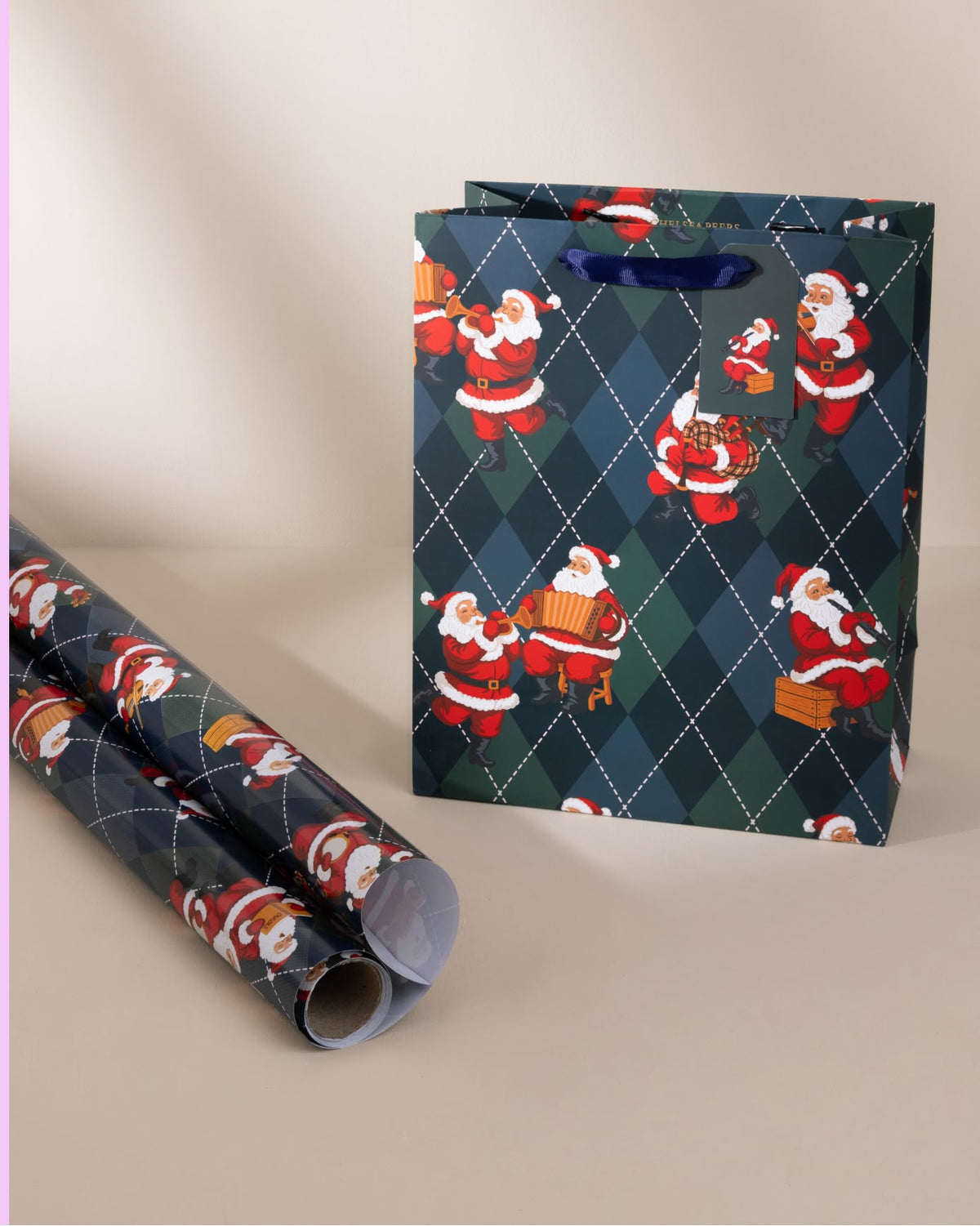 Argyle Musical Santa Print Gift Bag