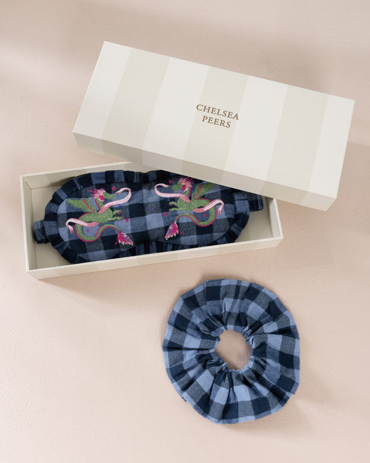 Organic Cotton Gingham Mythical Dragon Print Sleep Mask & Scrunchie Gift Set