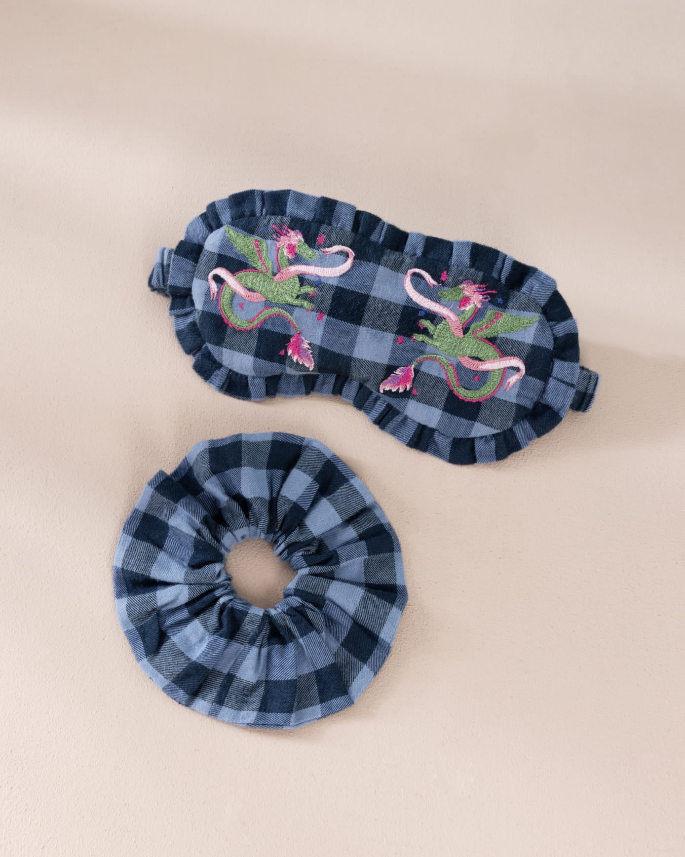 Organic Cotton Gingham Mythical Dragon Print Sleep Mask & Scrunchie Gift Set
