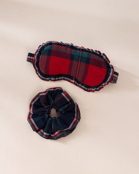 Organic Cotton Contrast Tartan Sleep Mask & Scrunchie Gift Set