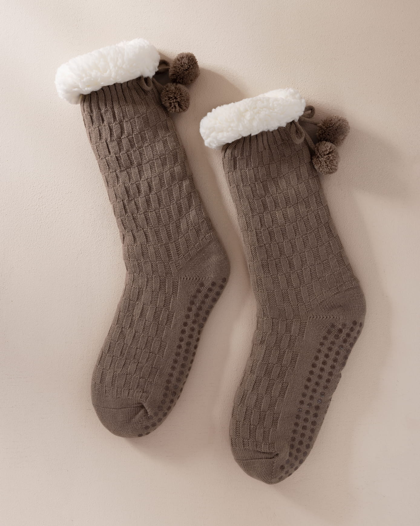 Chunky Knit Slipper Socks - Taupe