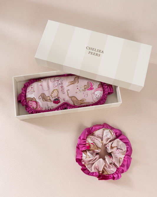 Pure Silk Leopard After Party Print Sleep Mask & Scrunchie Gift Set