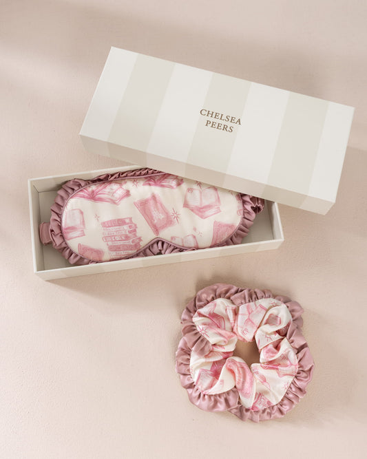 Pure Silk Bedtime Stories Print Sleep Mask & Scrunchie Gift Set