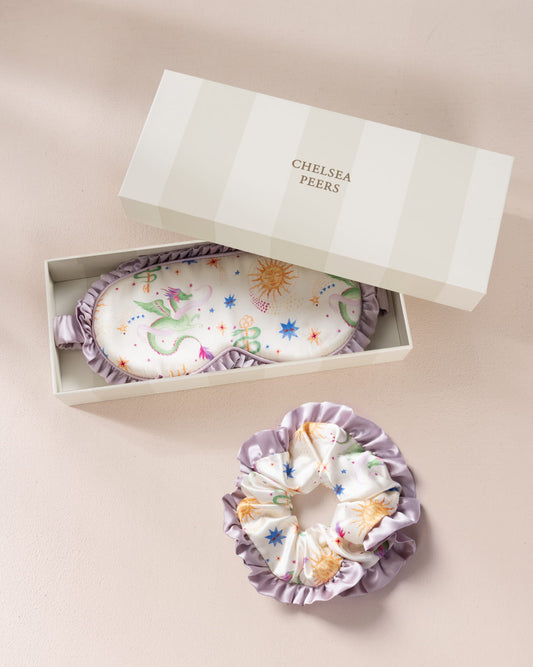 Pure Silk Mythical Dragon Print Sleep Mask & Scrunchie Gift Set