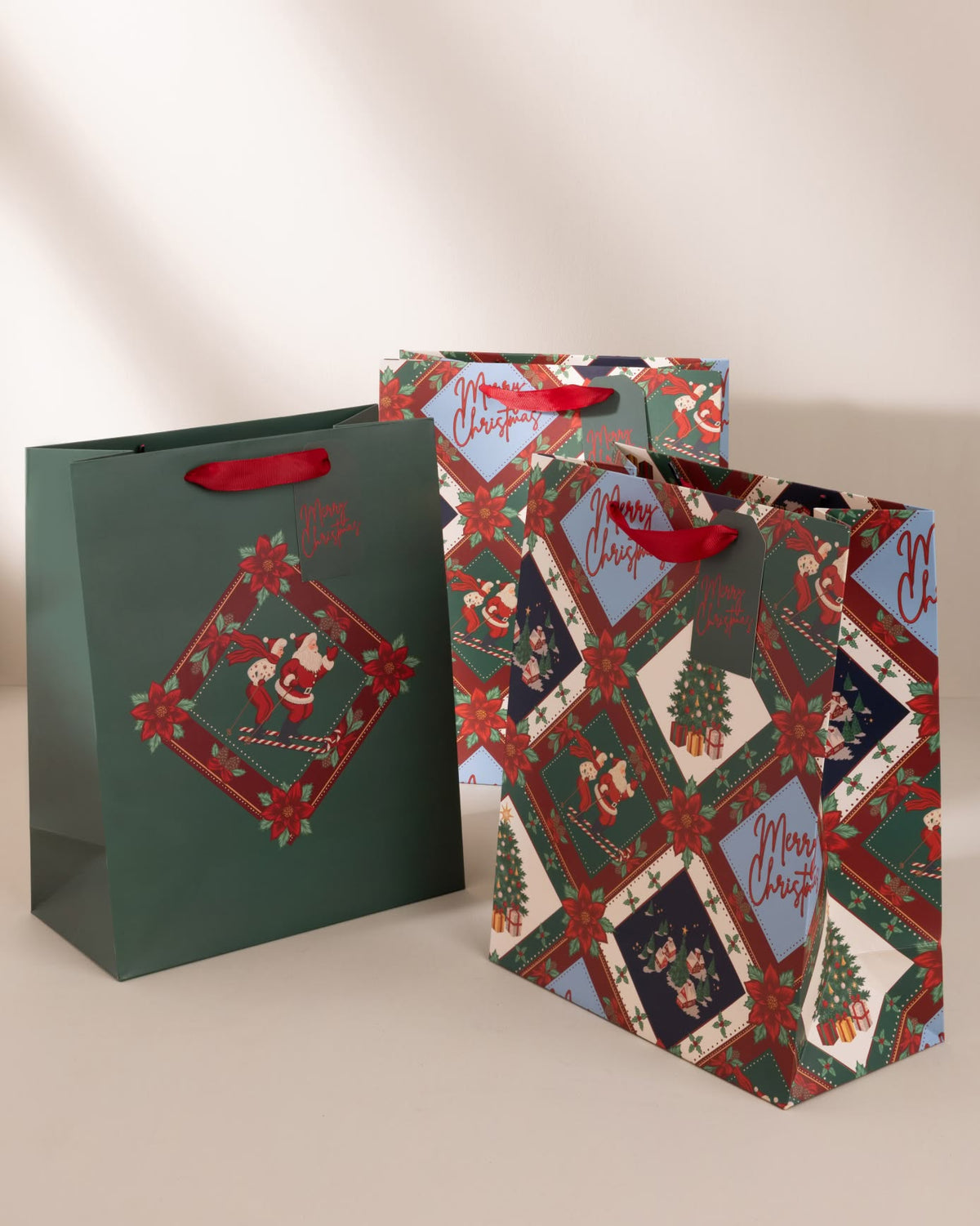 Christmas Patchwork Print Gift Bag 3 Pack