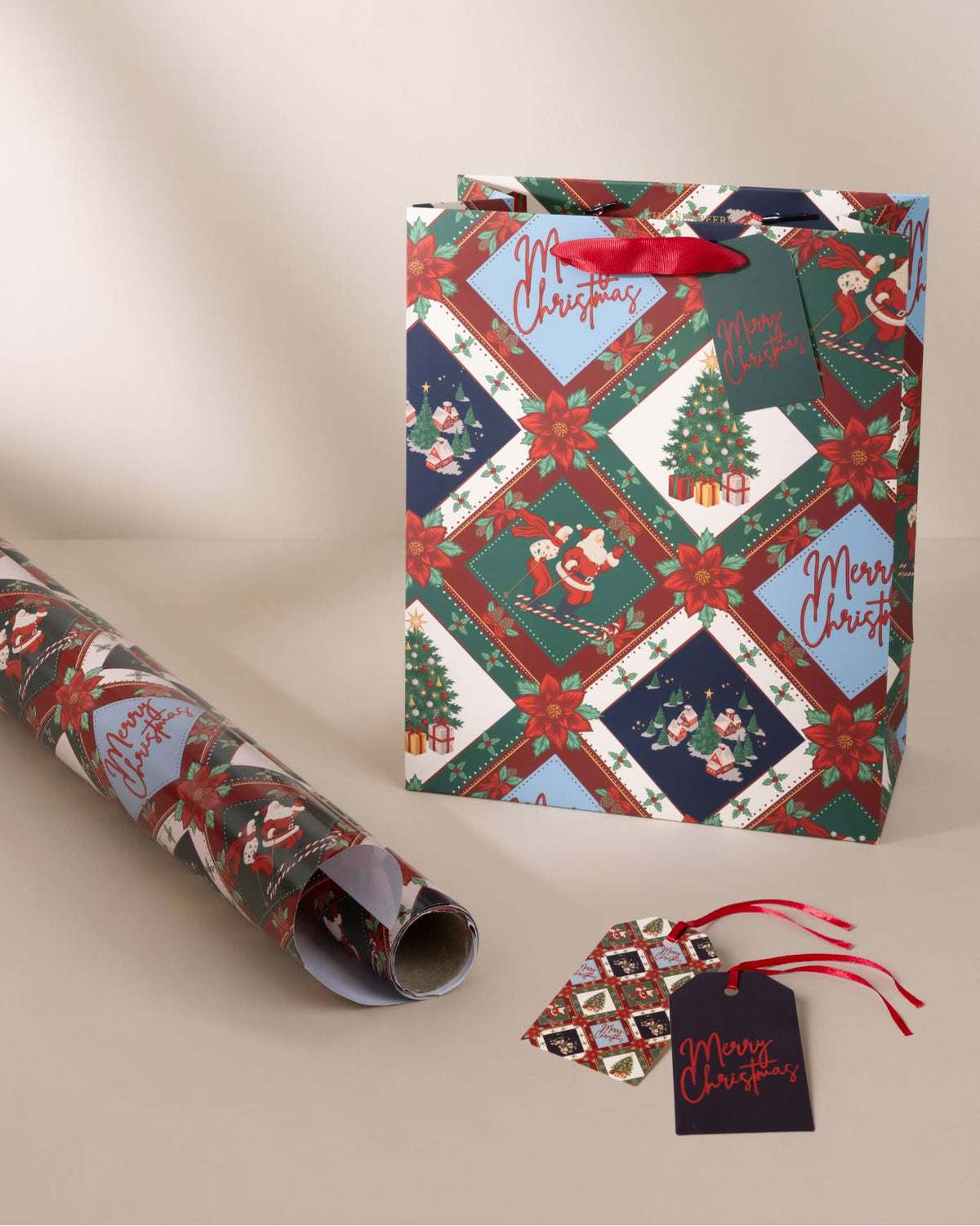 Christmas Patchwork Print Gift Bag 3 Pack