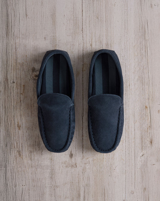 Mens Suede Moccasin Slippers - Navy