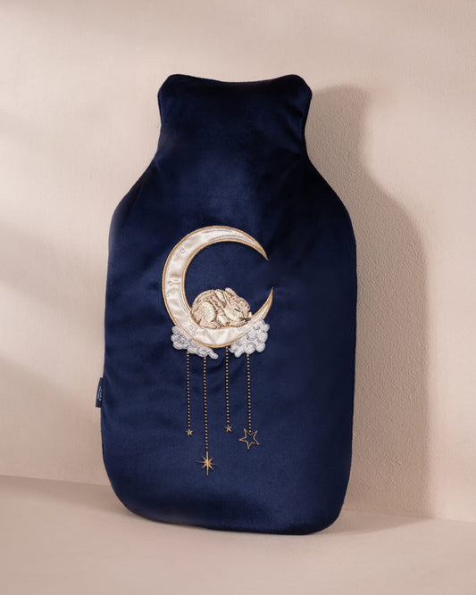 Velvet Embroidered Lunar Bunny Print Hot Water Bottle