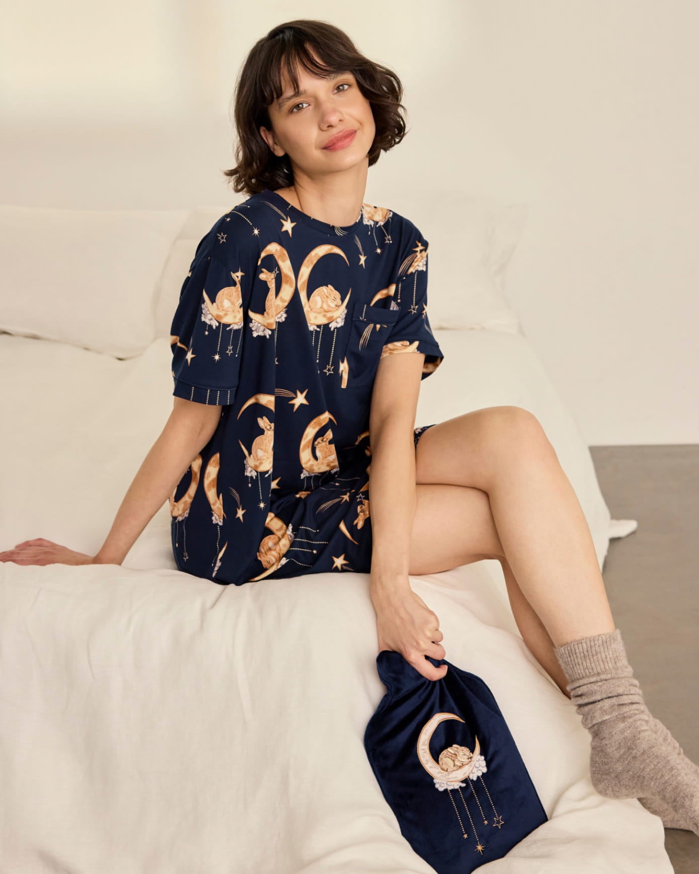 Velvet Embroidered Lunar Bunny Print Hot Water Bottle