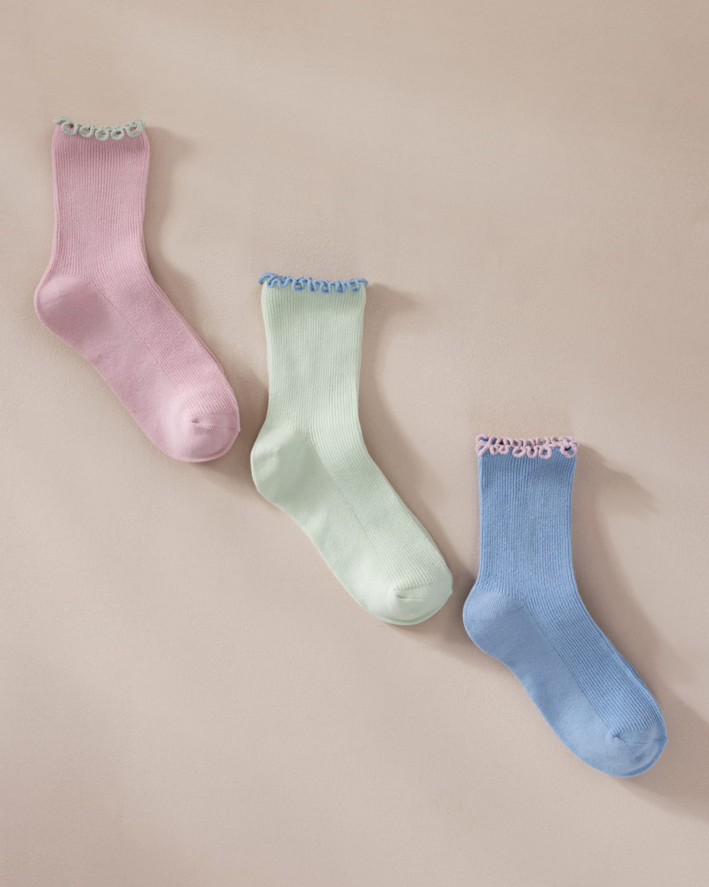 Cotton Three Pack Socks - Pink, Green & Blue