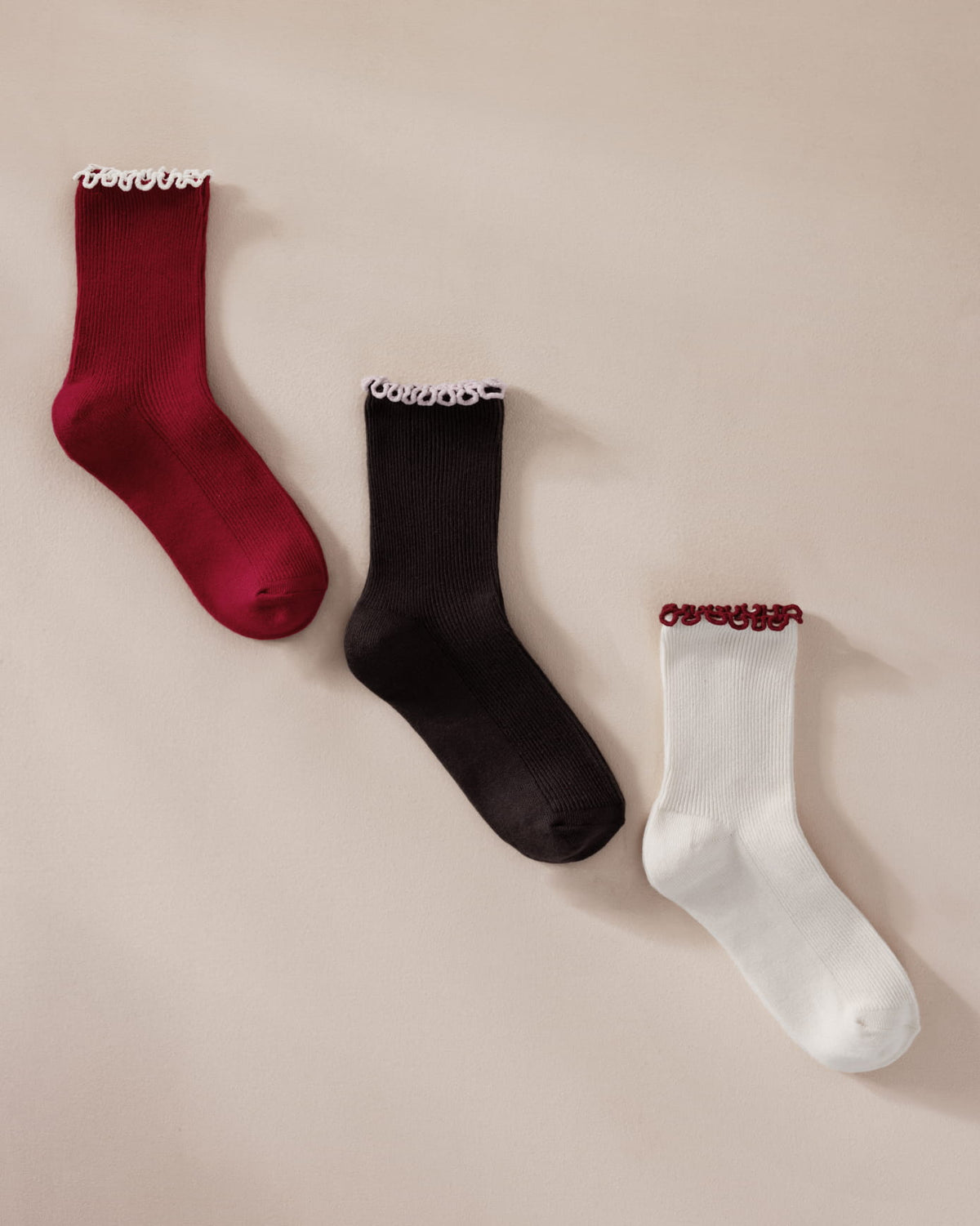 Cotton Three Pack Socks - Cream, Brown & Red
