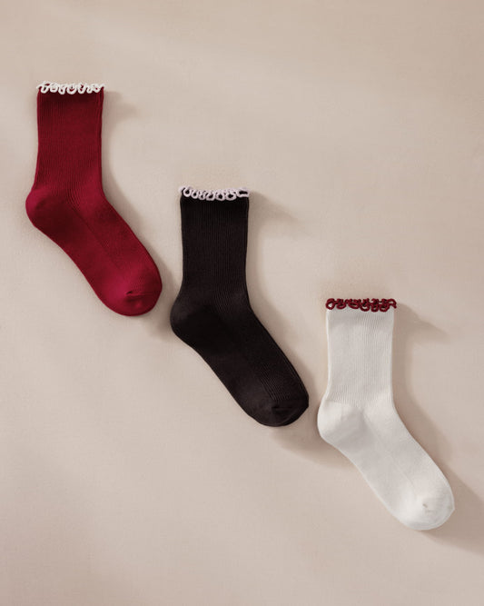 Cotton Three Pack Socks - Cream, Brown & Red