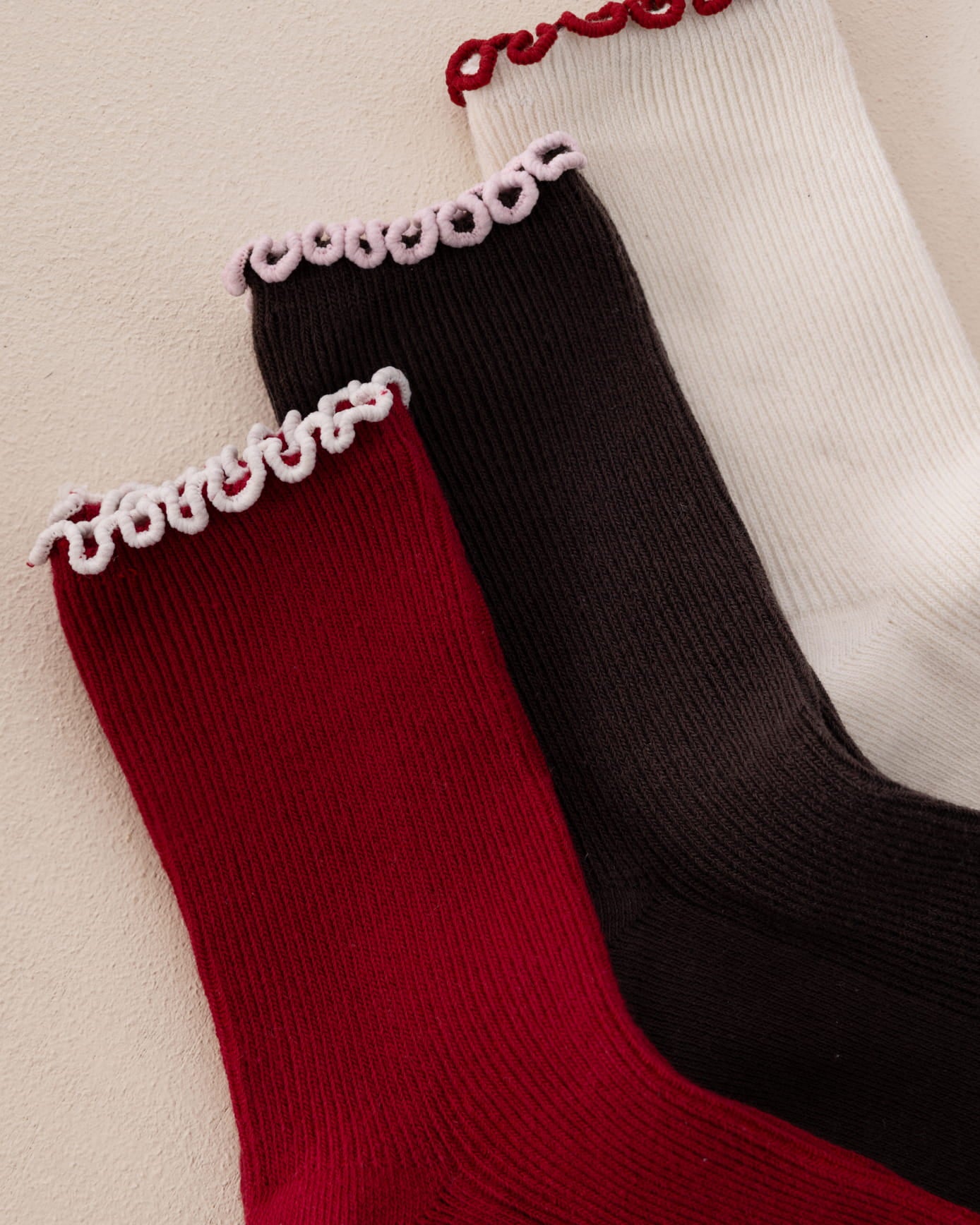 Cotton Three Pack Socks - Cream, Brown & Red