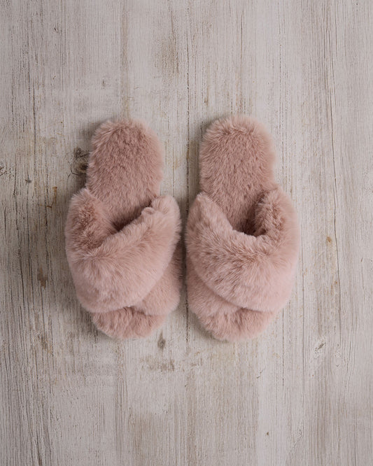 Faux Fur Cross-Over Slider Slippers - Pink
