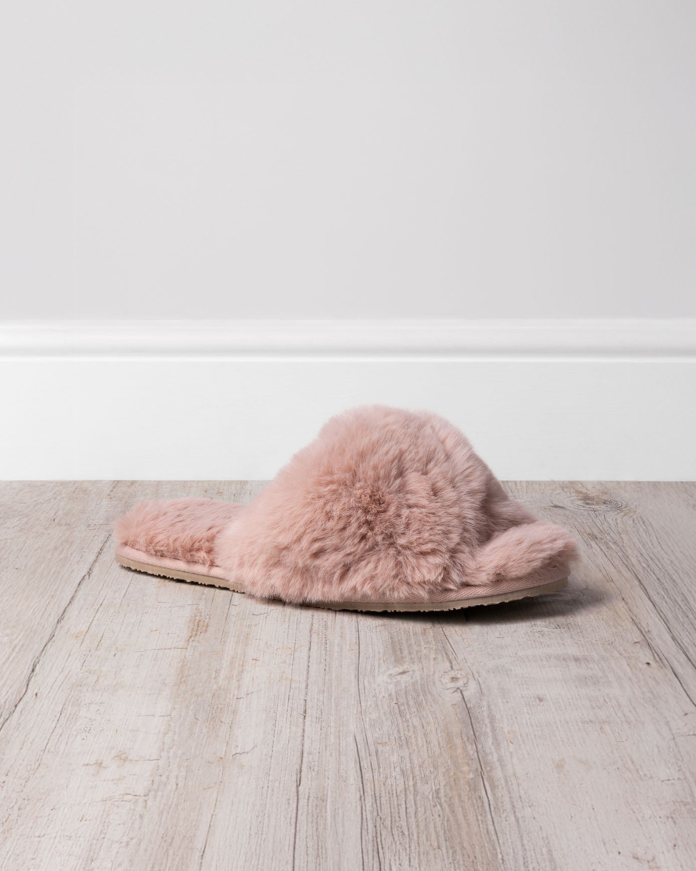 Faux Fur Cross-Over Slider Slippers - Pink
