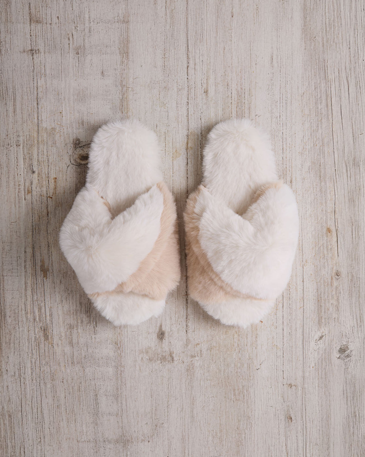 Faux Fur Cross-Over Slider Slippers - Cream & Tan