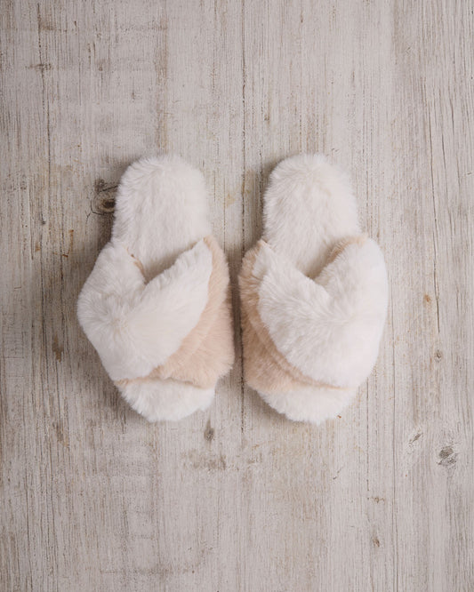 Faux Fur Cross-Over Slider Slippers - Cream & Tan