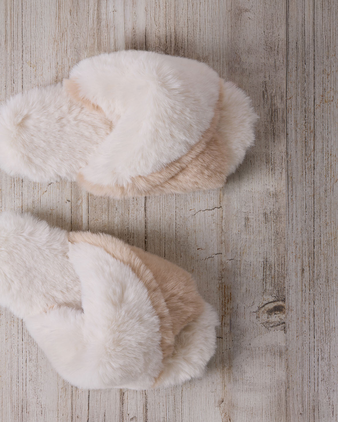 Faux Fur Cross-Over Slider Slippers - Cream & Tan