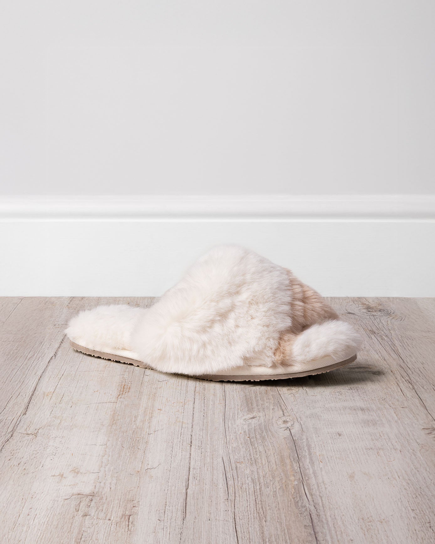 Faux Fur Cross-Over Slider Slippers - Cream & Tan