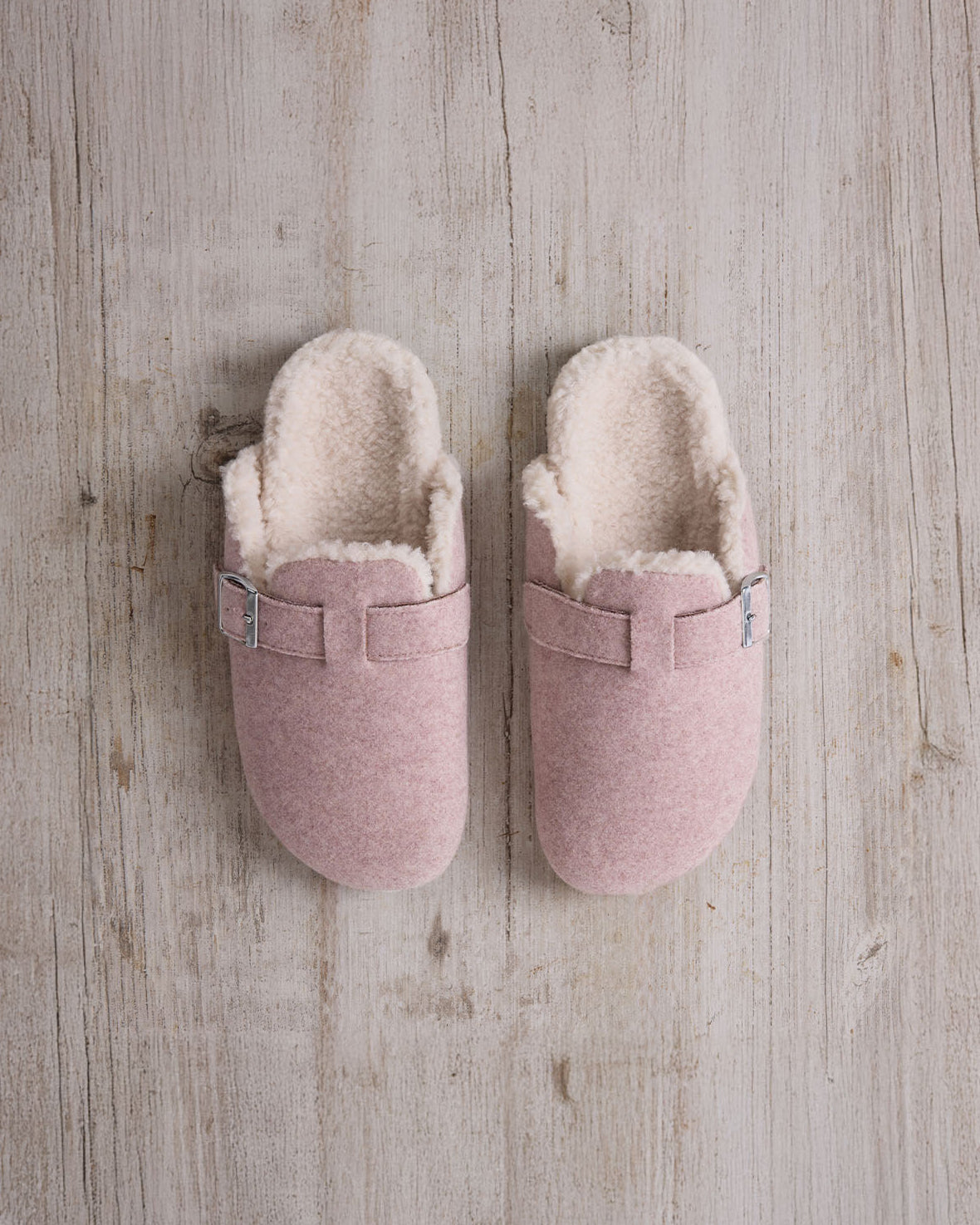 Felt Buckle Detail Shearling Clog Slippers - Pink