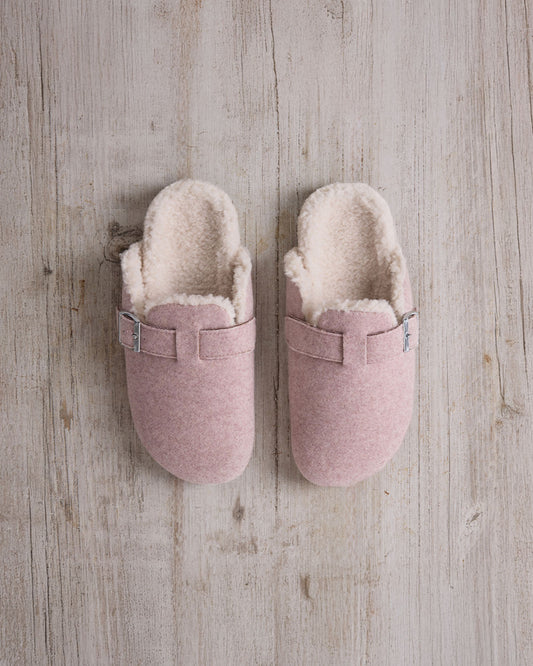 Felt Buckle Detail Shearling Clog Slippers - Pink