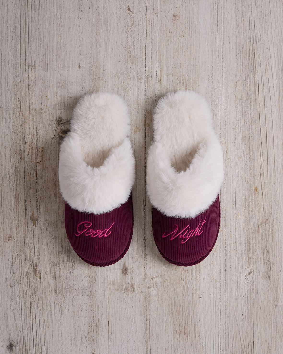 Corduroy Embroidered Good Night Mule Slippers