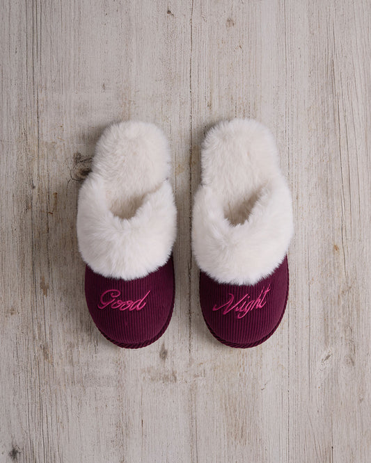 Corduroy Embroidered Good Night Mule Slippers