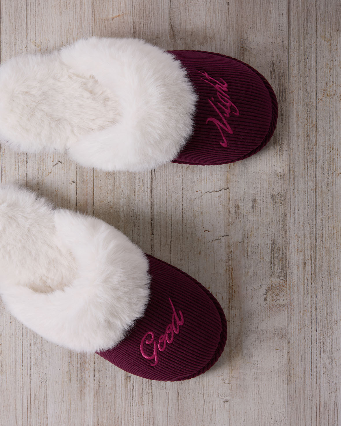 Corduroy Embroidered Good Night Mule Slippers