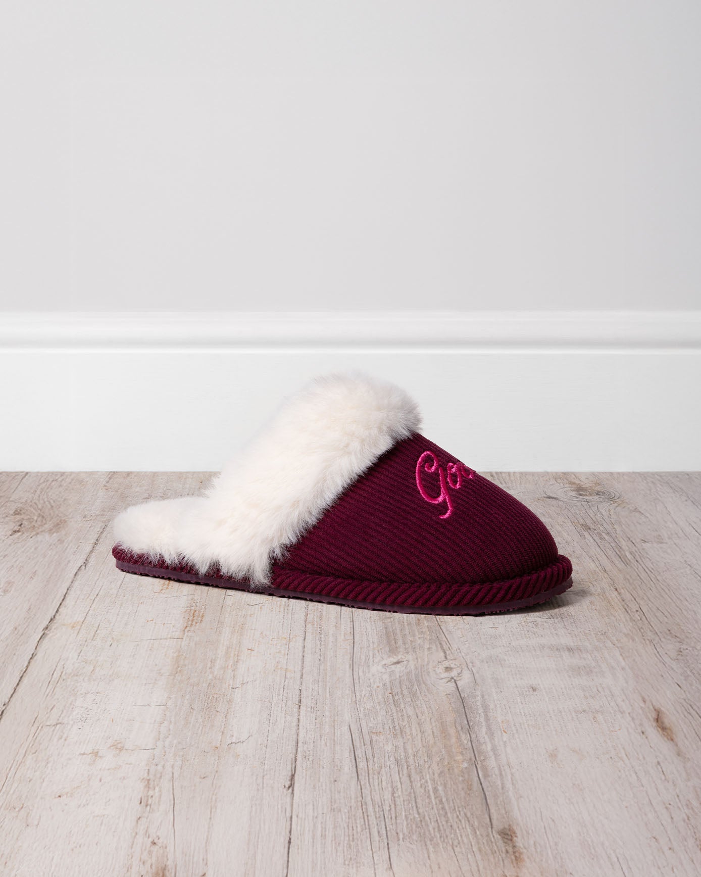 Corduroy Embroidered Good Night Mule Slippers