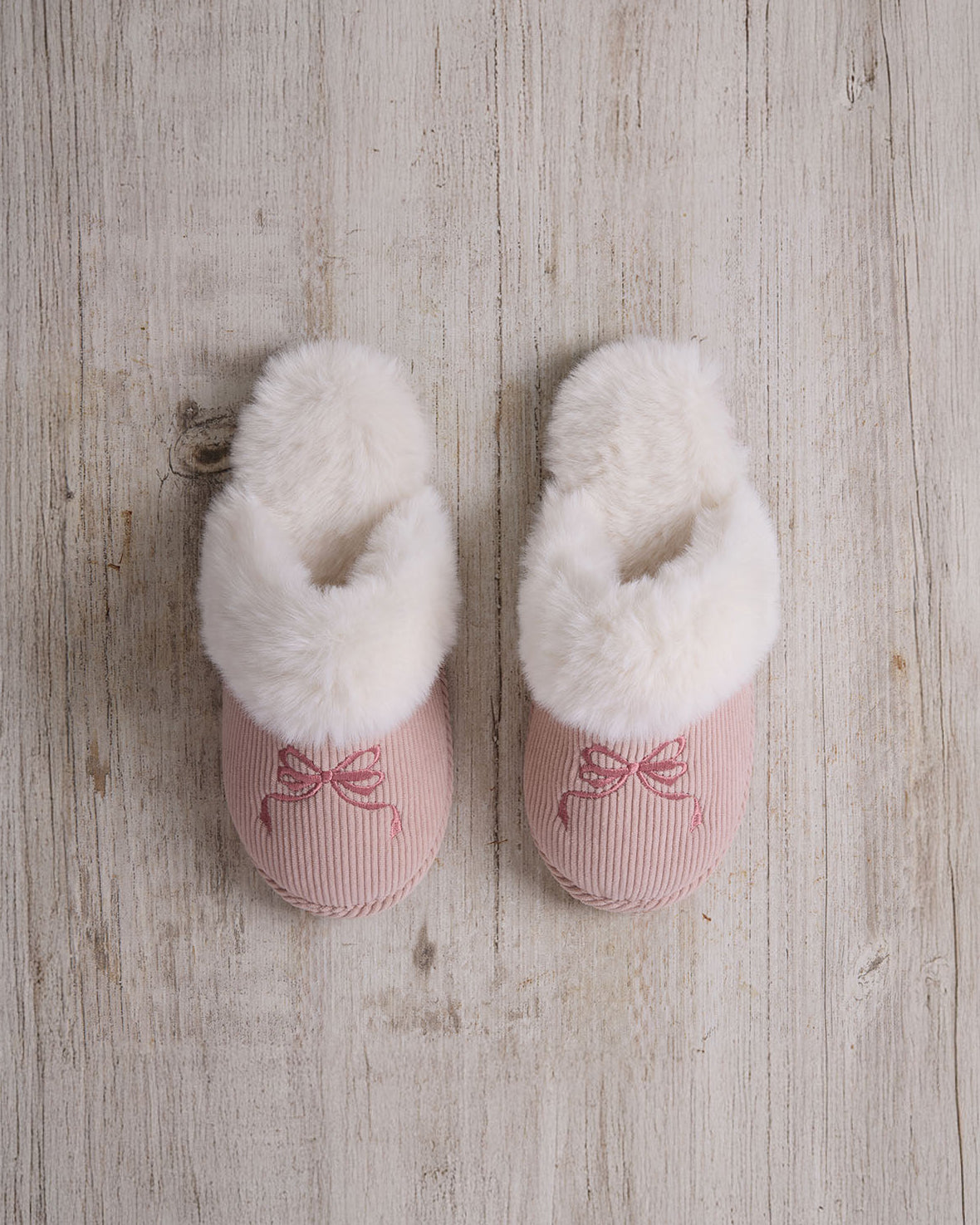 Corduroy Embroidered Ribbon Bow Mule Slippers