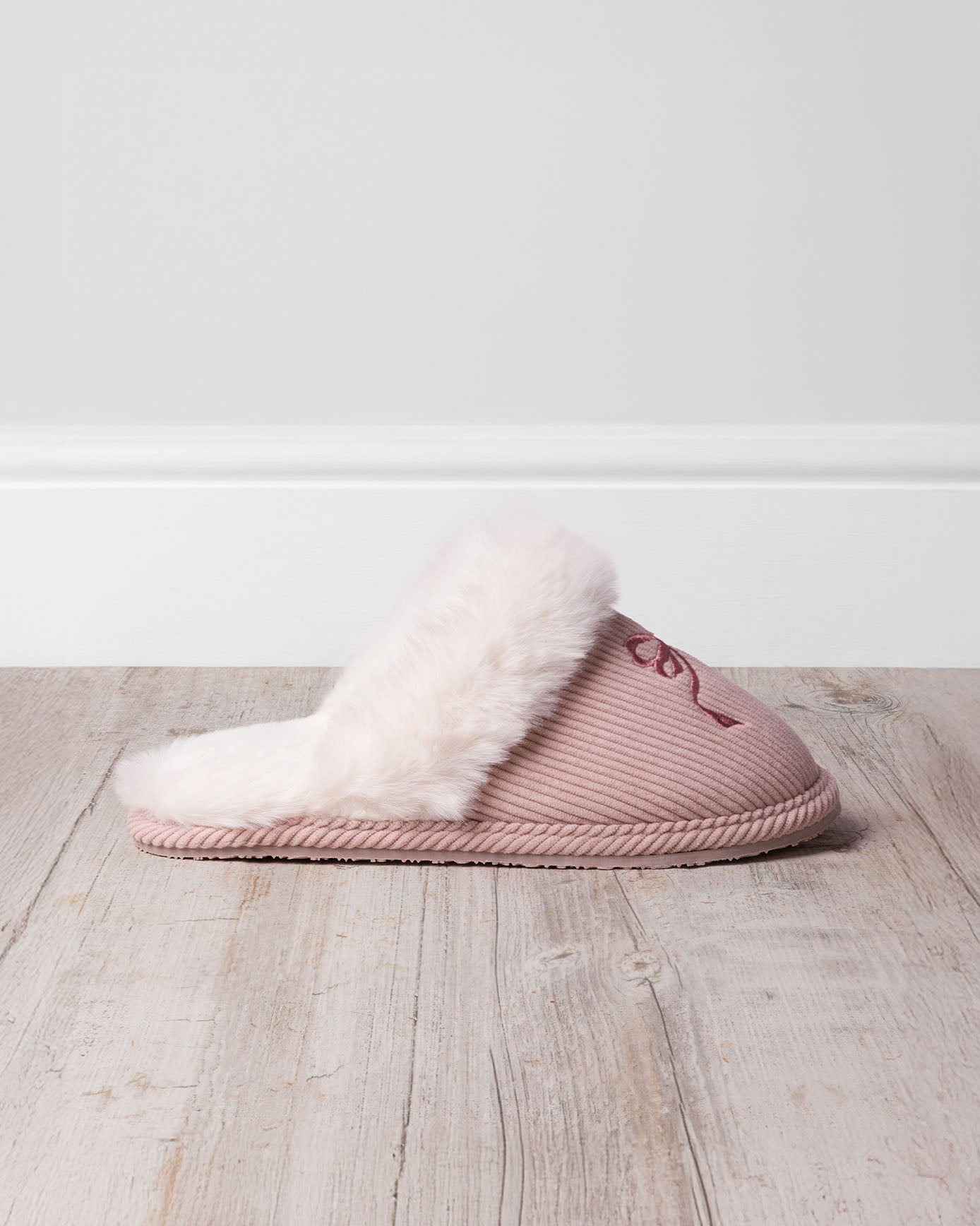 Corduroy Embroidered Ribbon Bow Mule Slippers
