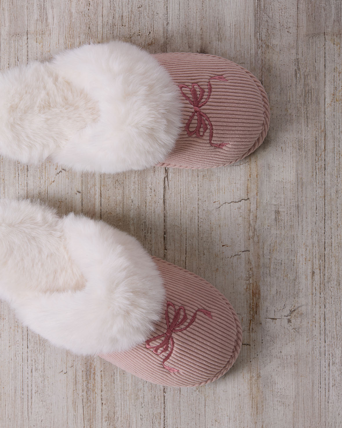 Corduroy Embroidered Ribbon Bow Mule Slippers