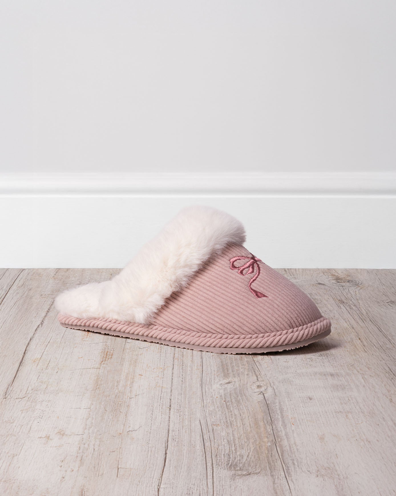 Corduroy Embroidered Ribbon Bow Mule Slippers
