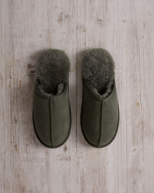 Mens Suede Sheepskin Mule Slippers - Forest Green