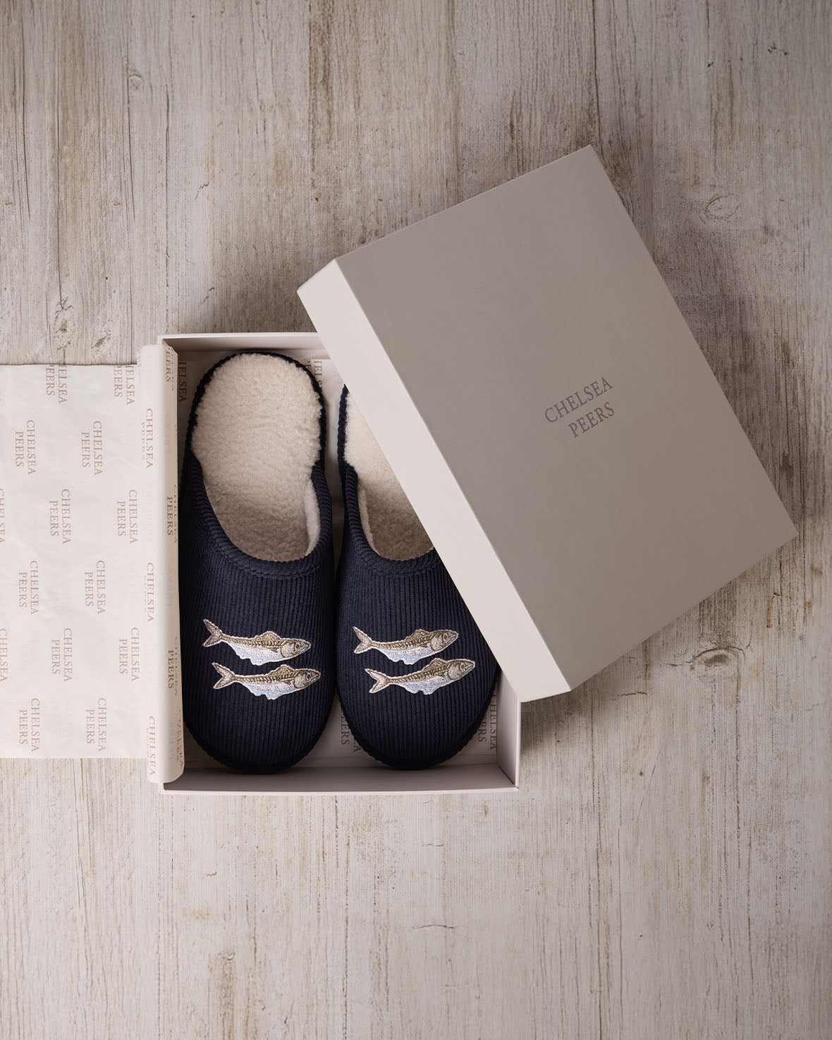 Mens Corduroy Embroidered Fish Slippers