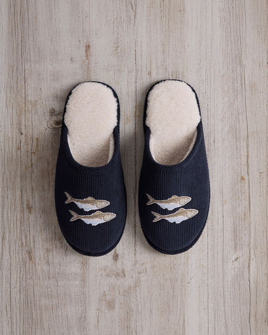Mens Corduroy Embroidered Fish Slippers