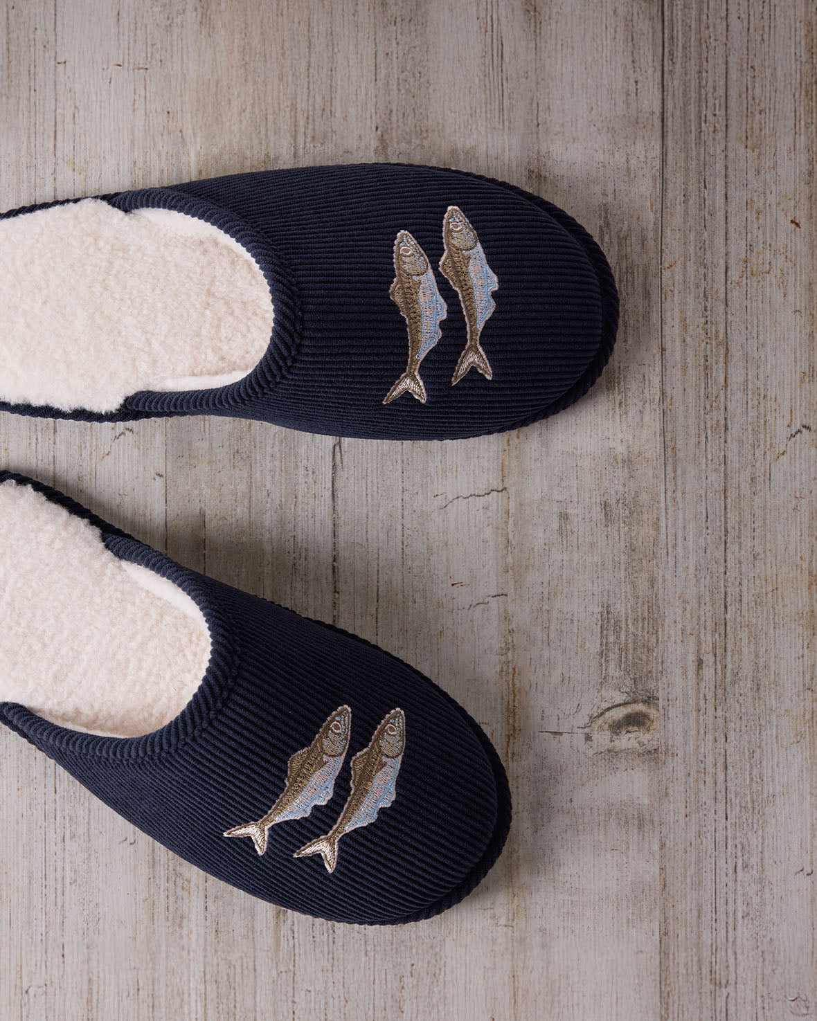 Mens Corduroy Embroidered Fish Slippers