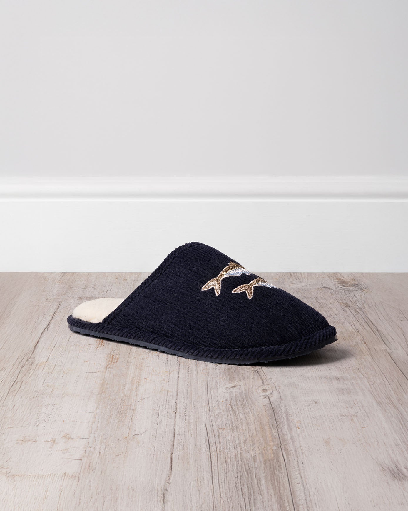 Mens Corduroy Embroidered Fish Slippers