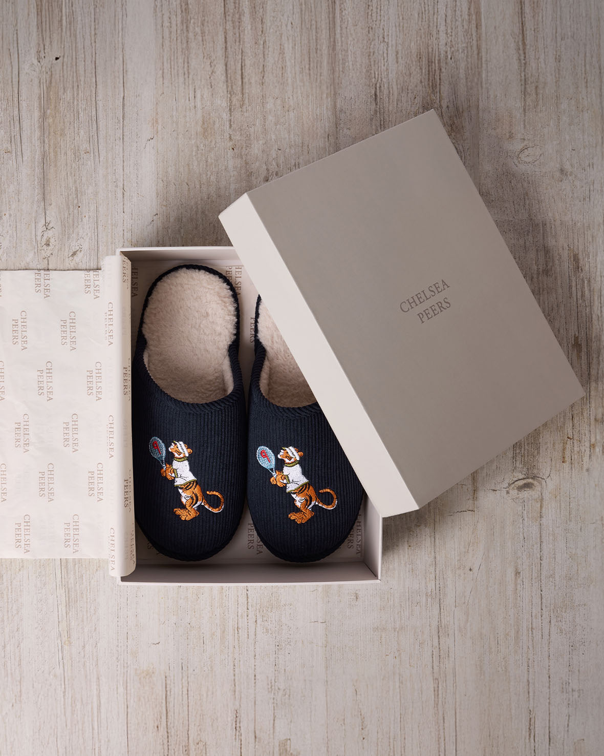 Mens Corduroy Embroidered Tennis Tiger Slippers